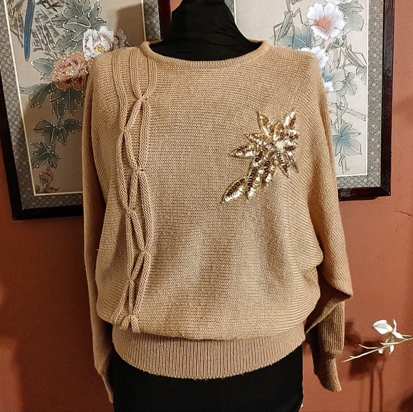 Vintage Sweaters - 🔸🤎🔸Amazing Vtg 80's Mocha Caramel Tan Dolman Cable Knit Sequin Sweater - M/L